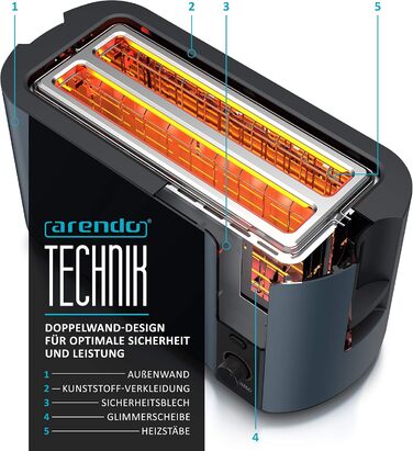 Тостер Arendo з нержавіючої сталі, 4 слоти, підігрів, підігрів тостів, підставка для бургерів, зйомка крихт, дисплей, темно-синій