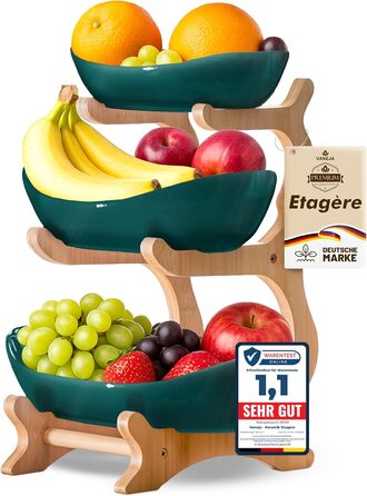 Керамічна фруктова тарілка на бамбуковому підставці, 3 яруси, для фруктів, закусок, випічки, стильна, сучасна, зелена