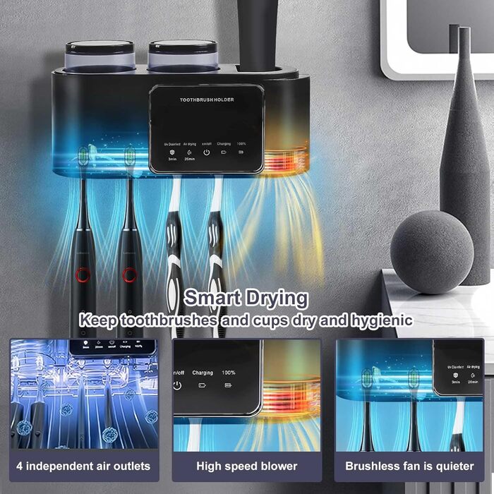 Toothbrush Holder Black, Holder for UV Toothbrush Sanitizer Wall Toothbrush Holder for 5 Toothbrushes, Drying and Cleaning Function for Toothbrushes