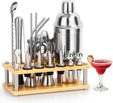 Набір шейкер для коктейлів зі стійкою, 750 мл, 20 предметів, нержавіюча сталь, професійний барменський набір, 4 силіконових підкладки, подарунок для чоловіків, жінок, друзів