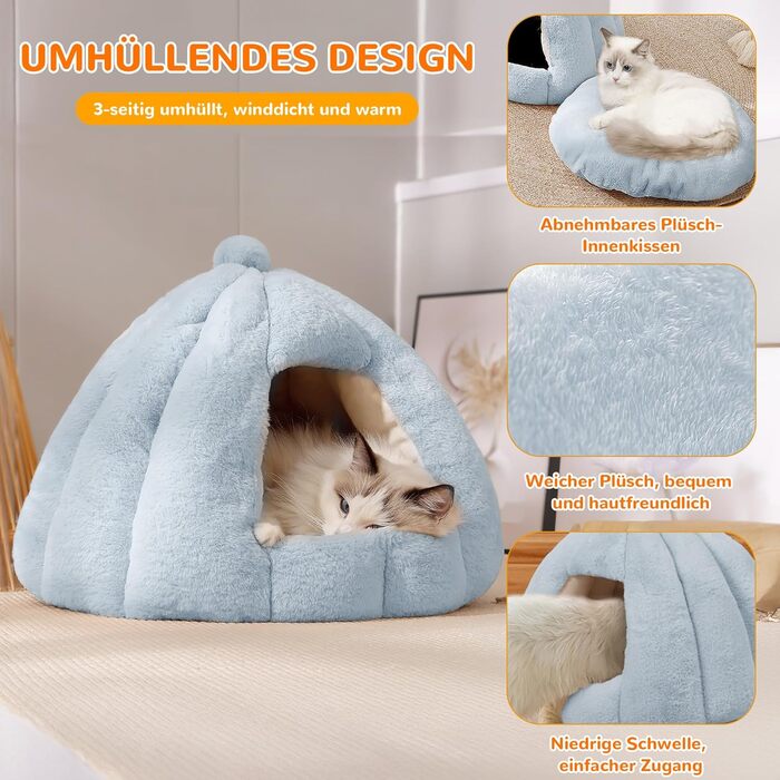 Кішка/Собака, Будинок-Печера ALLSOPETS, Igloo, Зйомний М'який Кисень, Для Маленьких і Середніх Тварин, Глетчер Блакитний, L