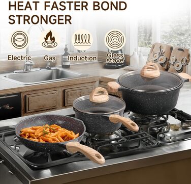 Набір посуду JEETEE 23-елементи: каструлі та сковорідки з антипригарним гранітним покриттям, підходить для всіх плит (індукційних), ідеальний як подарунок на новосілля