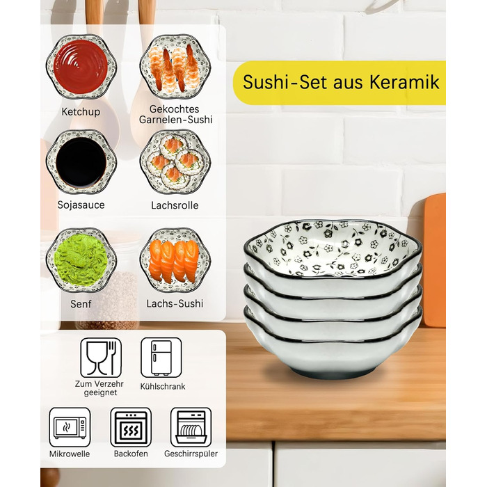 Набір для суші на 4 особи, 12 предметів, кераміка, набір для подачі суші, керамічні соусники, дизайн 'Плюм-квіт', ідеальний подарунок