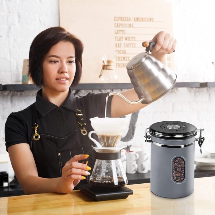 Контейнер для кави Rocky & Chao з нержавіючої сталі 1.8L, герметичний, з вікном, для кавових зерен, чаю, горіхів, какао