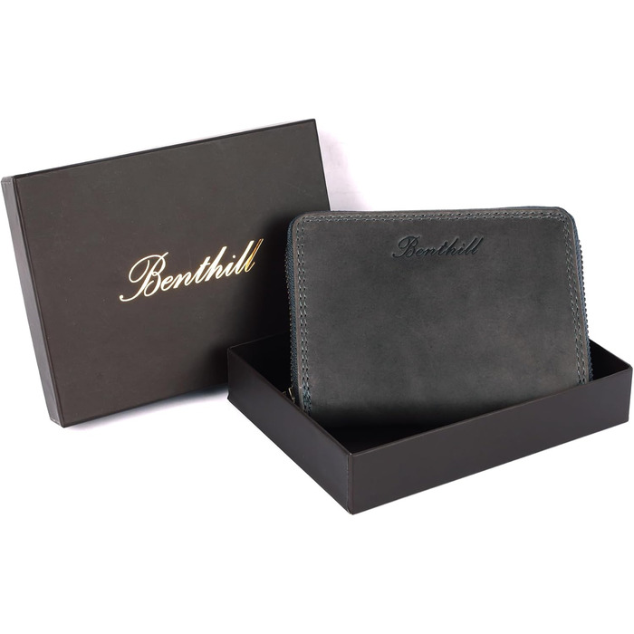 Benthill Wallet Women's Small Genuine Leather | Wallet with RFID Protection | Flat Slim Card Holder with Zipper & 6 Card Slots, Color: Gray