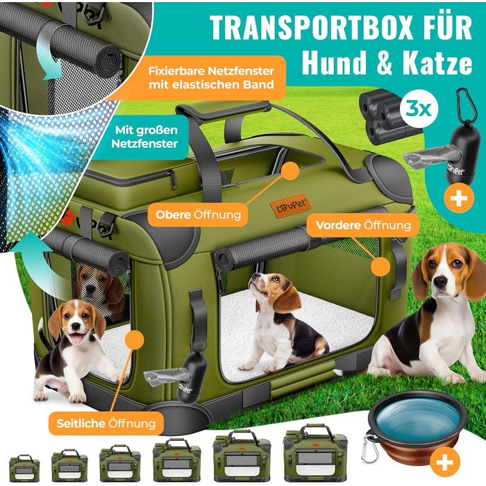 Транспортна переноска для собак та котів (XXL, Хакі) | З підлітком для їжі та плечовим ременем | Складна переноска для тварин