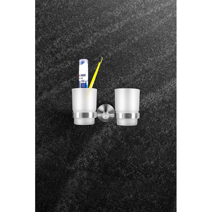 Ambrosya Toothbrush Holder with Wall Mounting - Glass Cup Holder Toothbrush Holder Toothpaste Bath (Brushed Stainless Steel)