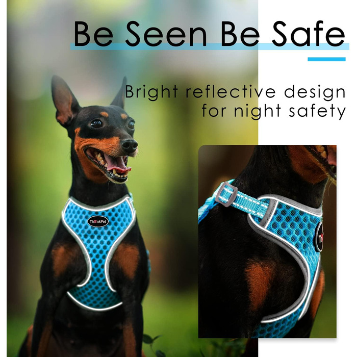 Шлейка для собак ThinkPet No-Pull, дихаюча, для малих, середніх та великих собак, регульована, м'яка, для прогулянок, безпечна, з контролем, з підкладкою, світловідбиваюча (Блакитна, L, 1 шт.)