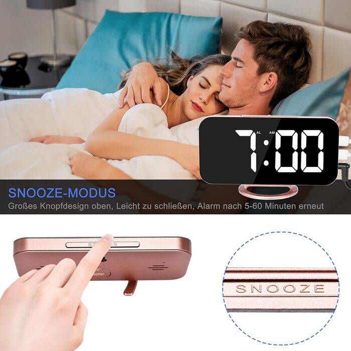 Цифровий годинник-дзеркало SZELAM з LED-дисплеєм 7 дюймів, 2 USB-порти для зарядки, функція відкладання, автоматичне регулювання яскравості, годинник для дому (рожеве золото)