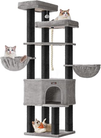 Дерево для котів Feandrea, багатоярусне, XXL, 55 x 186.7 x 55 см, товщина сизалю 11 см, для великих котів (наприклад, Мейн-кун), сіро-чорний колір, артикул PCT008G02