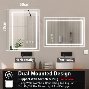 Дзеркало для ванної кімнати 50x70 см з LED-підсвічуванням, антизапарювання, диммування, 3 кольори світла