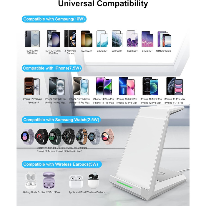 Бездротова зарядна станція NANAMI 3-в-1 для Samsung Galaxy Watch 7/6/5/4, Buds, S26/S25/S24/S22/Z Flip/Fold, Note 20 - Біла