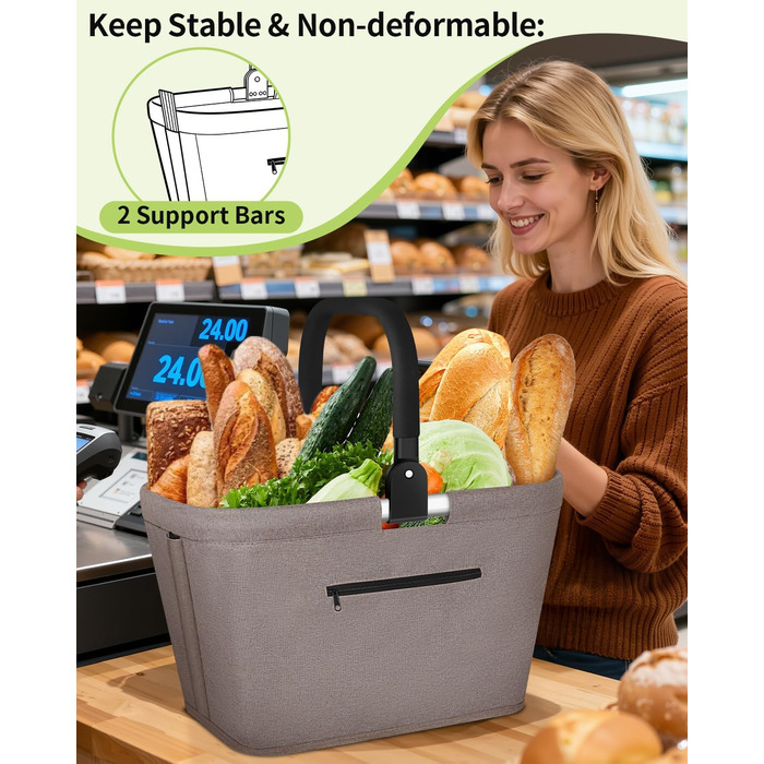Складаний кошик для покупок 35L з 2 стійками, стабільний сімейний кошик з алюмінієвою ручкою, водонепроникний кошик для пікніка, практичний кошик для перенесення, великий для подорожей, кемпінгу, покупок, подарунка - Хакі