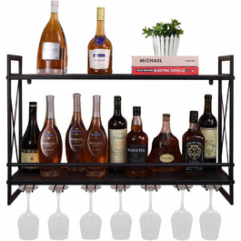 Industrial Wall Wine Racks with Glass Holder, 31.5 Inch Rustic Metal Multi-Purpose Shelves, 2-Tier Wall Mount Hanging Shelf, Wine Rack, Wine Accessories, Bottle Holder, Glass Shelf, Wall Shelf