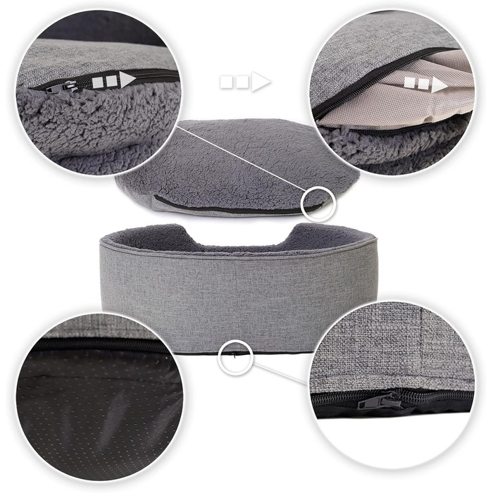 Lionto Dog Bed with Reversible Cushion and Washable Cover, Stable Dog Basket with Anti-Slip Studs, 92x72 cm, Cozy Pet Bed for Dogs and Cats with Plush, (Grey, L 83 x W 63 x H 27 cm (with name tag))