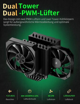 upHere Охолоджувач процесора up2KC8 з RGB підсвічуванням, подвійна вежа, 8 теплових трубок, 120мм вентилятор, сумісний з AMD AM4/AM5 та Intel 2011/2066