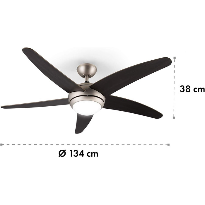 Вентилятор стельовий Klarstein Bolero 134 см з підсвіткою, 55W, дерев'яні лопаті, пульт, 50 dB, 3 швидкості, горіх