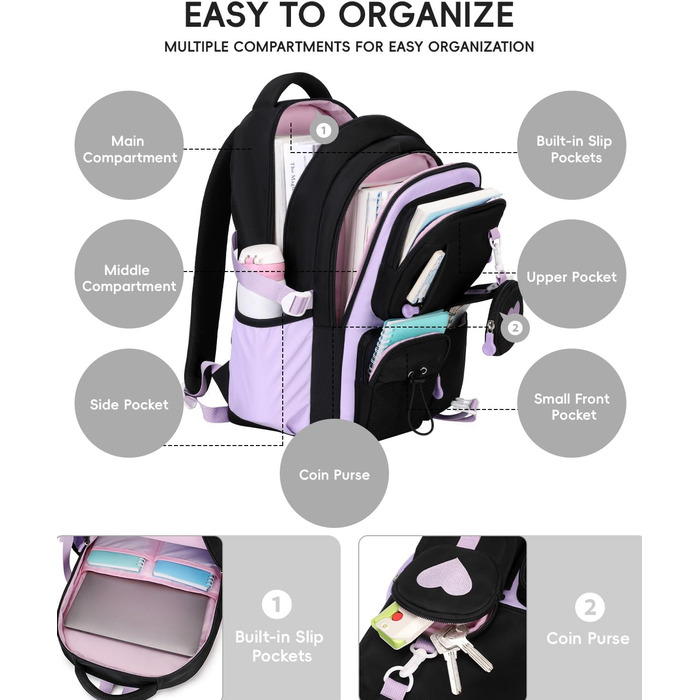 Шкільний рюкзак для дівчаток Tanou, чорний, з дихаючої тканини Oxford, для 3-5 класів