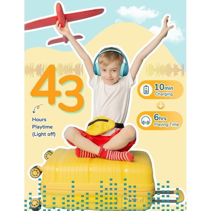 iClever Bluetooth навушники для дітей з LED-підсвіткою, обмеження гучності 74/85dBA, 43 години роботи, стерео звук, Type-C, AUX-кабель, Bluetooth 5.3, для планшетів/подорожей (Турквіс)