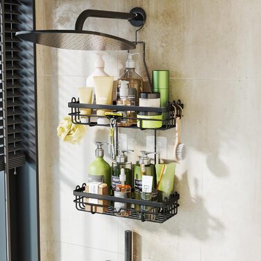 HapiRm Shower Shelf for Hanging with Razor Holder & Soap Holder, Hanging Shower Shelf with Multiple Hooks - High-Quality Hanging Shower Basket Stainless Steel No Drilling, Black