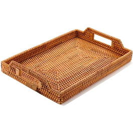 Rattan Serving Tray with Handles, Rectangular Tray from Rattan for Breakfast, Drinks, Snacks for Eating/Coffee Table (37 cm)