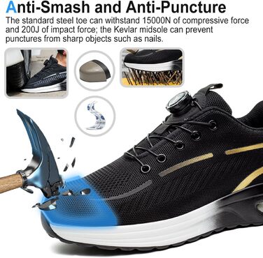 Робочі черевики для чоловіків та жінок. Зі сталевим підноском. Легкі, спортивні, неслизькі, дихаючі. Модний захист. Розміри 38-46 EU (42 EU, New Gold)