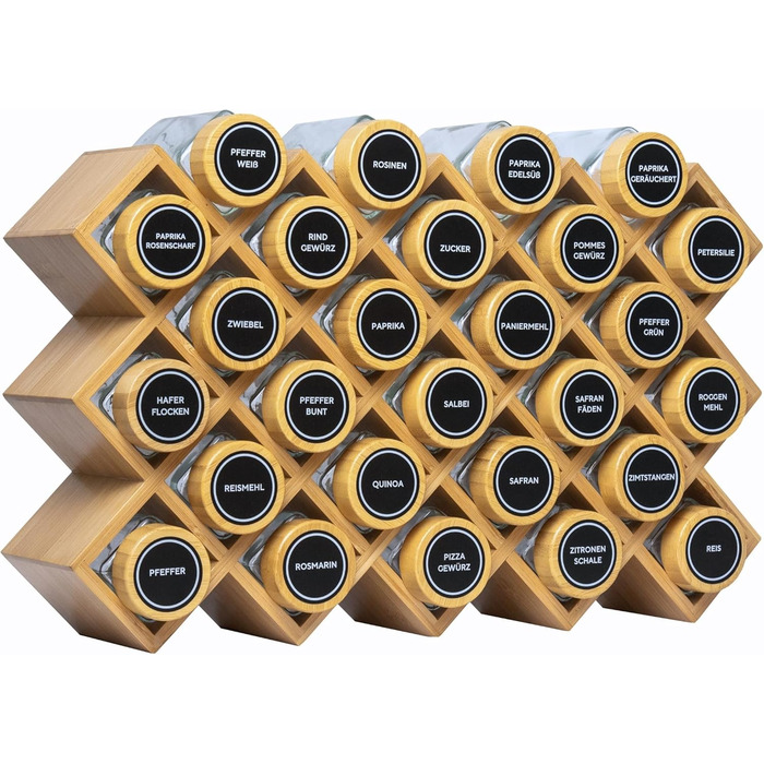 Стильна бамбукова полиця для спецій Adabor - органайзер з 27 скляними баночками, кришками та 144 етикетками