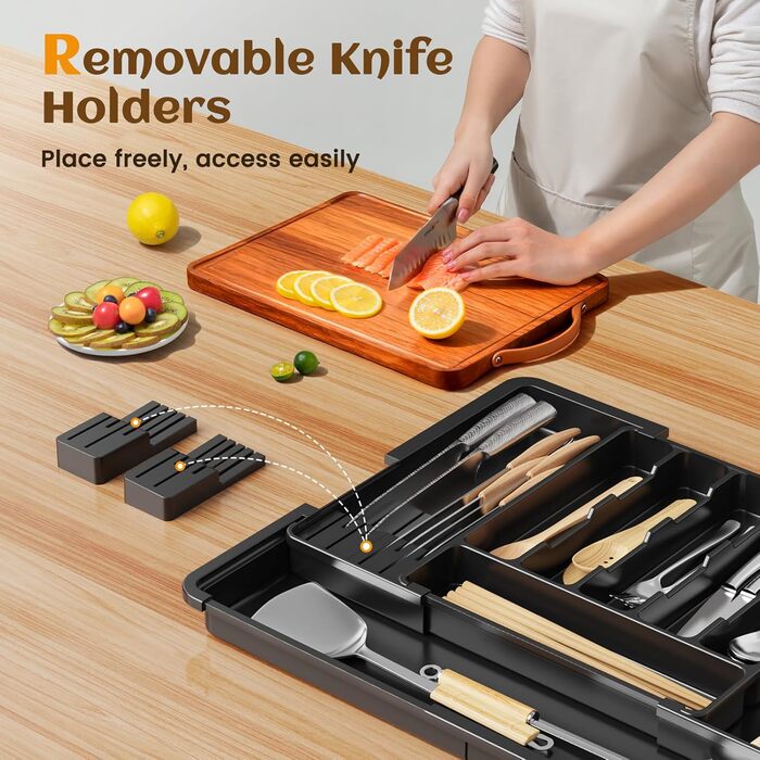 Органайзер для столових приборів в шухляду, пластиковий лоток для кухні з 2 знімними блоками для ножів (6-9 відділень), регульований, 33-53 см