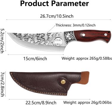 Японський ніж для обвалювання Doklasu 15 см з високоякісної сталі 5Cr15MoV з червоним дерев'яним руків'ям та піхвою
