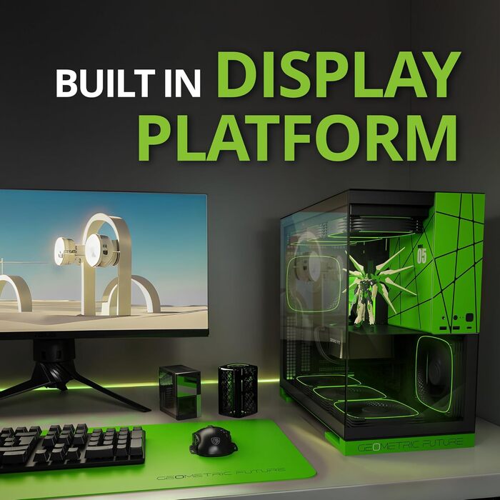 Корпус для ПК Geometric Future M5 з загартованим склом, Mid Tower, E-ATX/ATX, для геймінгу, сталь 1.2 мм, Type C, без інструментів, підтримка радіатора 420/360, подвійний відсік, чорний/зелений, GEO-M5-BNY Black/Green Glass ver