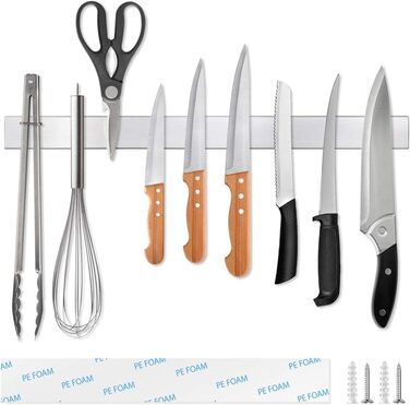 Ninonly Magnetic Knife Strip Magnetic Knife Holder Self-Adhesive 50cm (20inch) Stainless Steel Knife Rail Magnet Without Drilling Magnetic Knife Rail Wall Mount for Kitchen, Office, Workshop