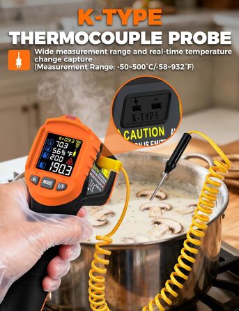 Інфрачервоний термометр лазерний IM06MAX з K-типом зонда (-50°C до 800°C) для промисловості, HVAC, приготування їжі та ремонту авто