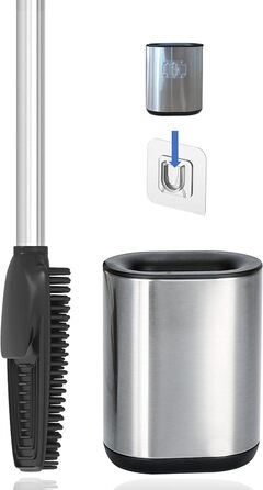 Силіконова щітка для унітазу 3-в-1 з тримачем та кріпленням на стіну, довга ручка з нержавіючої сталі, гігієнічна з ламелями та скребком - набір для ванної кімнати та гостьового туалету, нержавіюча сталь, срібло