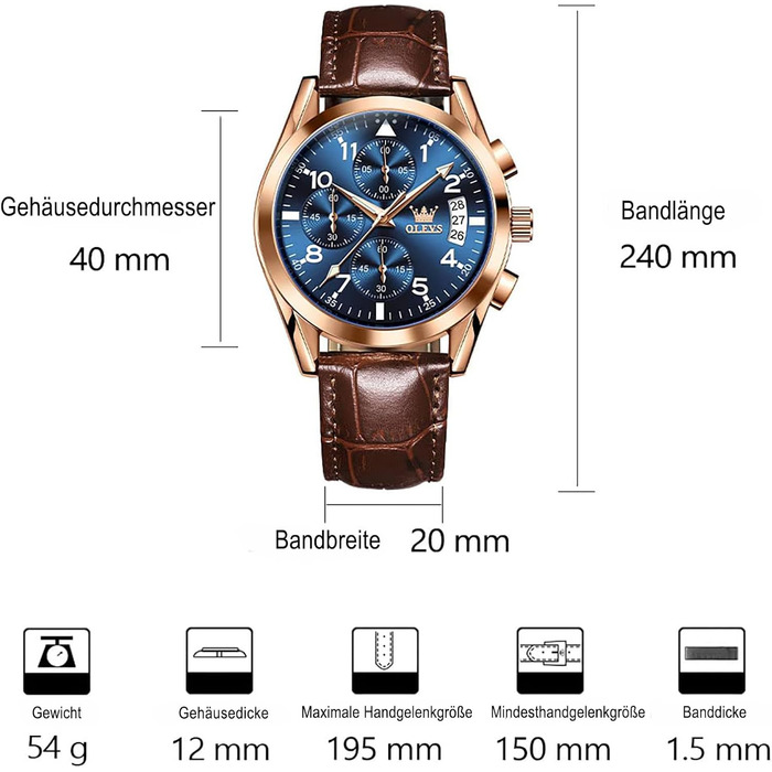 Годинник чоловічий OLEVS Vintage з шкіряним ремінцем, великий циферблат, водонепроникні, аналогові годинники з датою (2878, блакитний циферблат/коричневий ремінець)