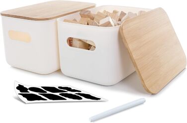 Kerhouze 2 PCS Storage Box with Bamboo Lid White Storage Plastic Box for Organization Stackable Storage Boxes with Handle for Kitchen Bathroom 38.4 * 27 * 15.2cm, 13L (2PACK 6.5L)
