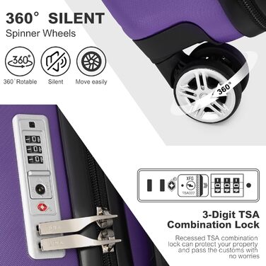 Чемодан-валіза KONO з розширенням, жорсткий, легкий, XL, з TSA-замком та 4 колесами, 75x47.5x29.5 см (M(55x35x22 см), фіолетовий)