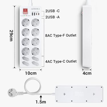 Мережевий фільтр 12-разовий з USB-C, перенапруження до 1700 Дж, з вимикачем, 4 USB-порти, 10 розеток, чорний, для кріплення на стіну, 1,5 м