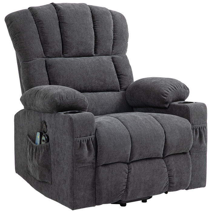 HOMCOM Electric Recliner with Rise Function, TV Chair with Lie-flat, Heating, and Massage Functions, TV Chair with Type-C and USB Ports, Cup Holders, Dark Grey | Aosom