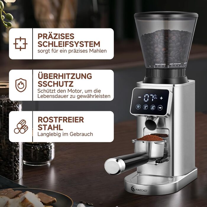 AMZCHEF Електрична кавомолка з регулюванням помелу для еспресо, drip, pour over, cold brew та French press | Срібна