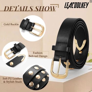 Жіночий шкіряний ремінь LeaCoolKey з пряжкою, з шипами, для джинсів та штанів, чорний, розмір M (82-91 см)