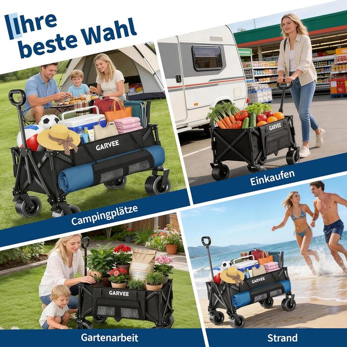 Візок-теліжка складний GarveeLife XXL 200L, 200 кг, гальма, колеса 20 см для пляжу, кемпінгу, саду, чорний