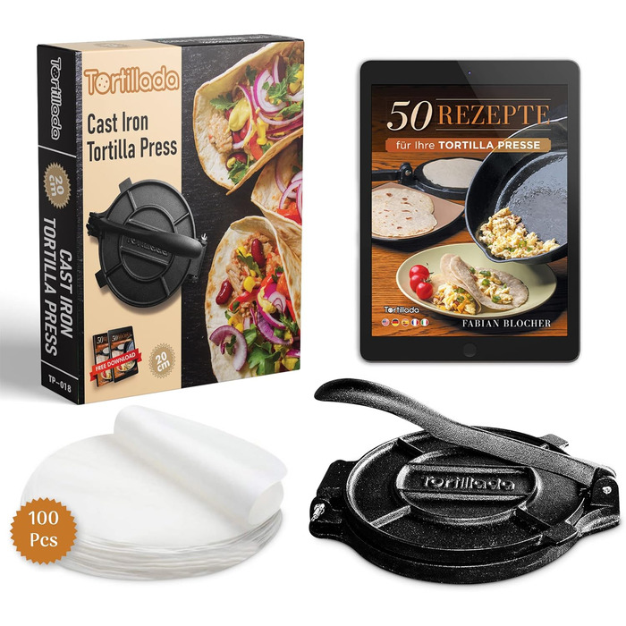 Пресс для тортильї з чавуну + Е-book з 50 рецептами тортильї + 100 листів пергаментного паперу (25см)