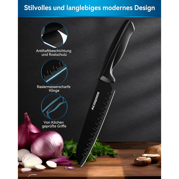 ACOQOOS 14-Piece Knife Block Set with Sharpener - Professional Kitchen Knife Set, Black