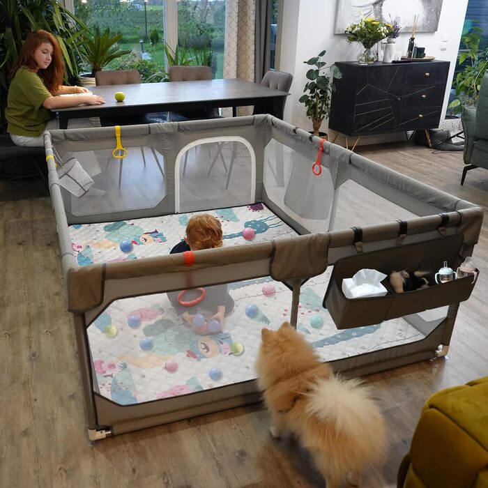 JINXIA Playpen Baby 190x150cm, Baby Safety Gate with Breathable Mesh and Mattress, Extra Large Playpen for Babies and Toddlers, Robust Safety Play Yard for Indoor Fun, XXL, Grey 190×150cm