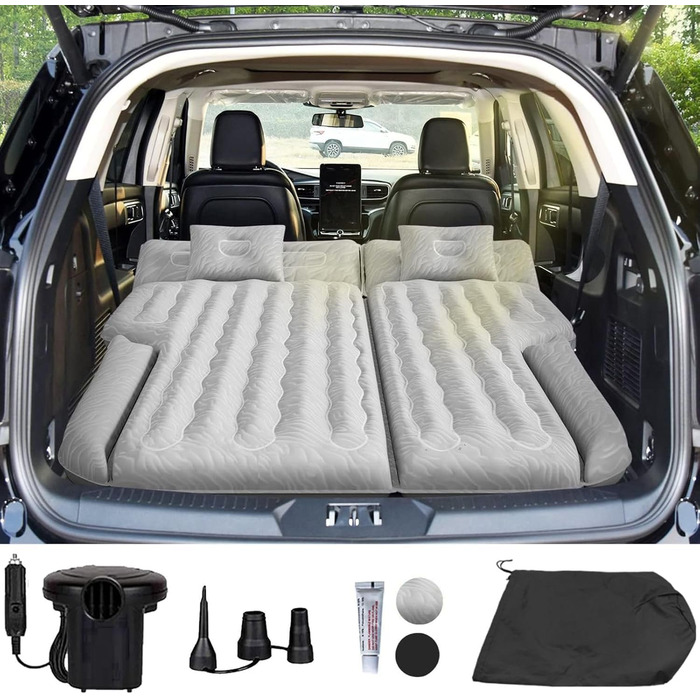 Automatic Inflatable Air Mattress for SUV - Flocked Surface, 2-Pillow Air Bed for Car Trunk, Travel, Camping & Home Use (Light Gray, 185x140x16 cm)