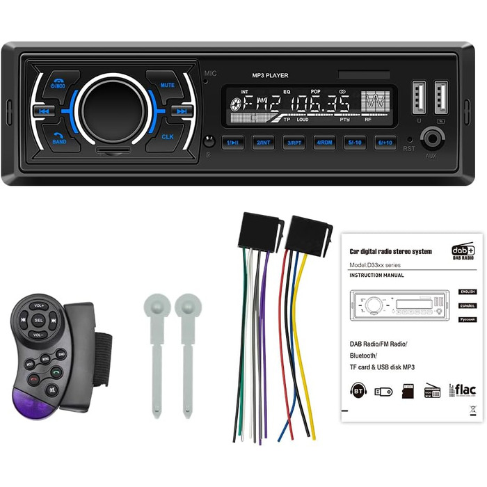 Автомагнітола M.I.C.D3307 з DAB+, Bluetooth, FM-радіо, USB, microSD, AUX, мікрофоном, керуванням з керма, 1 DIN, підтримка MP3/WAV, зарядка смартфона