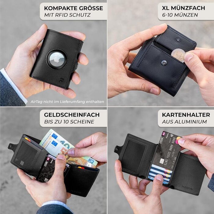 Чоловічий шкіряний гаманець PURISTO KLIK Classic Slim з відділенням для монет та RFID-захистом - компактний картхолдер для 10-14 карток (Чорний, AirTag XL)