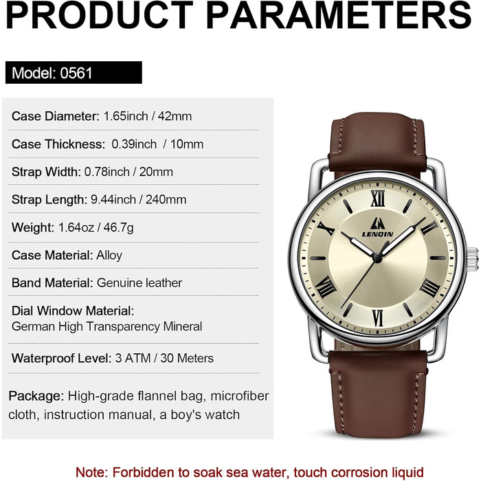 Годинник чоловічий LN LENQIN: аналоговий кварцовий годинник для чоловіків, водонепроникний 30M, з шкіряним ремінцем, стильний бізнес-годинник (Ln-0561, темно-коричневий, срібло, золото)