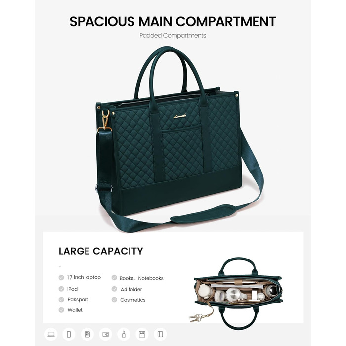 Сумка для ноутбука LOVEVOOK жіноча водонепроникна, велика сумка для роботи, навчання, офісу (17 дюймів, темно-зелена)