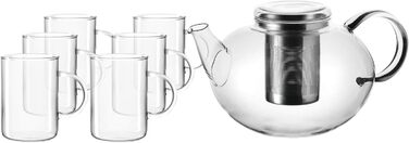 Leonardo Teekanne Moon, 1.2 l, heat-resistant glass, removable lid and stainless steel infuser, handmade, 070400 (Teapot 2 l + Cups)